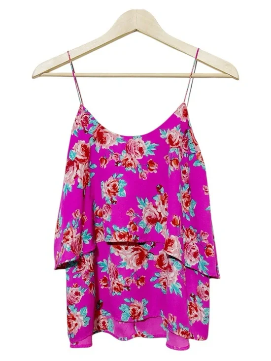 Paper Crane Pink Floral Rose Tiered Cami Spaghetti Strap Tank Top Size Medium M - Picture 2 of 5